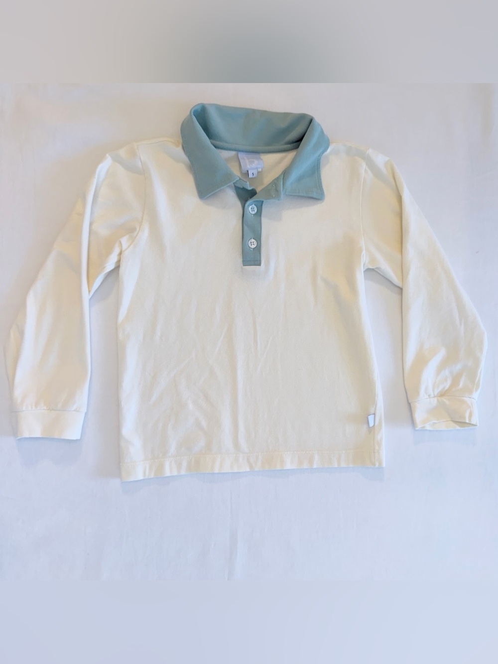 Bella Bliss Boys’ Long-Sleeve Polo in White with Sage Collar Size 5